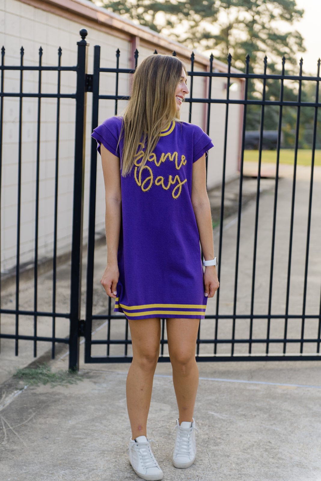 Purple Gameday Tinsel Knit Dress for Women - Sparkly Party Outfit for Football Games, Festivals & Holiday Celebrations