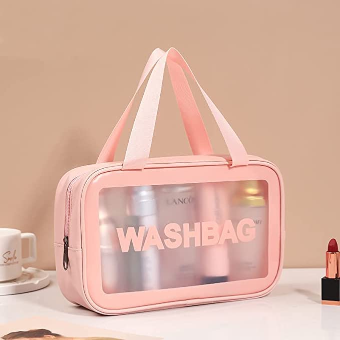 PINZOR Transparent Cosmetic Makeup Pouch - Waterproof Travel Toiletry Bag with Zipper & Handle - Portable Organizer Case for Women & Men - Perfect for Travel, Gym, Home Storage & Daily Essentials (Pink)