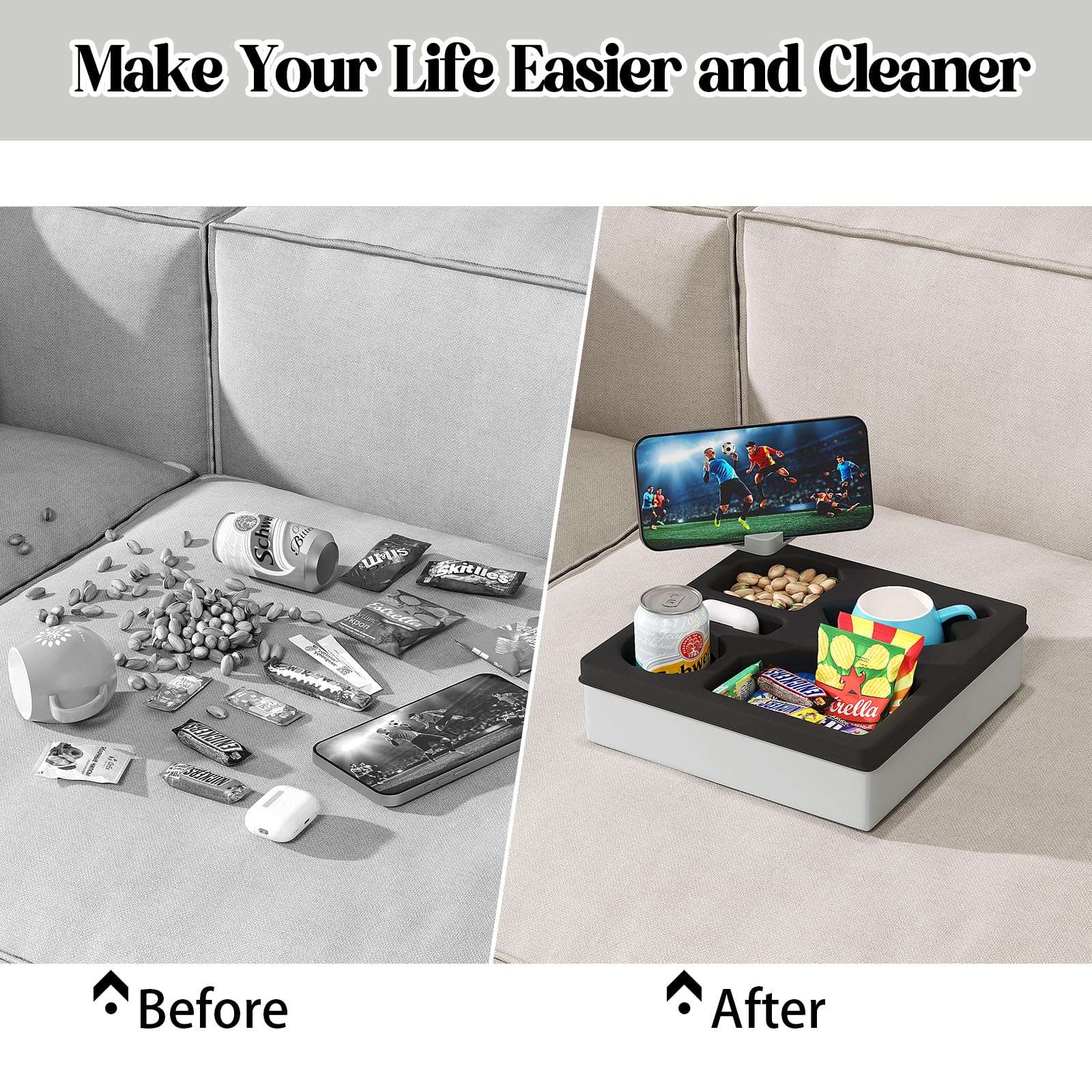 Rotatable Couch Caddy with Phone Holder - Sofa & Bed Cup Holder Tray Organizer - Waterproof Drink Holder for Beverages, Snacks & Remote Control - Perfect for Living Room, Bedroom & Home Theater (Black)