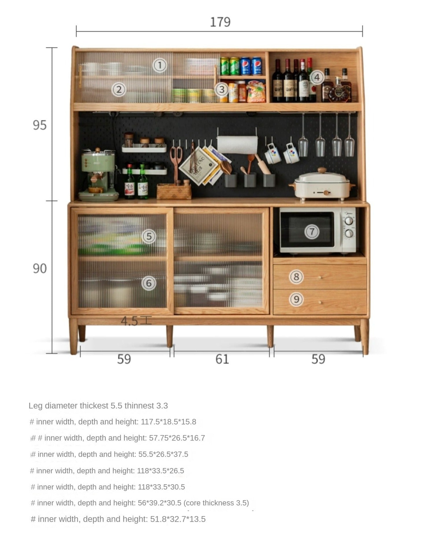 Solid Oak Wood Sideboard Buffet Cabinet - Multi-Functional Storage for Dining Room, Living Room & Entryway - Rustic Farmhouse Style Furniture for Home Decor