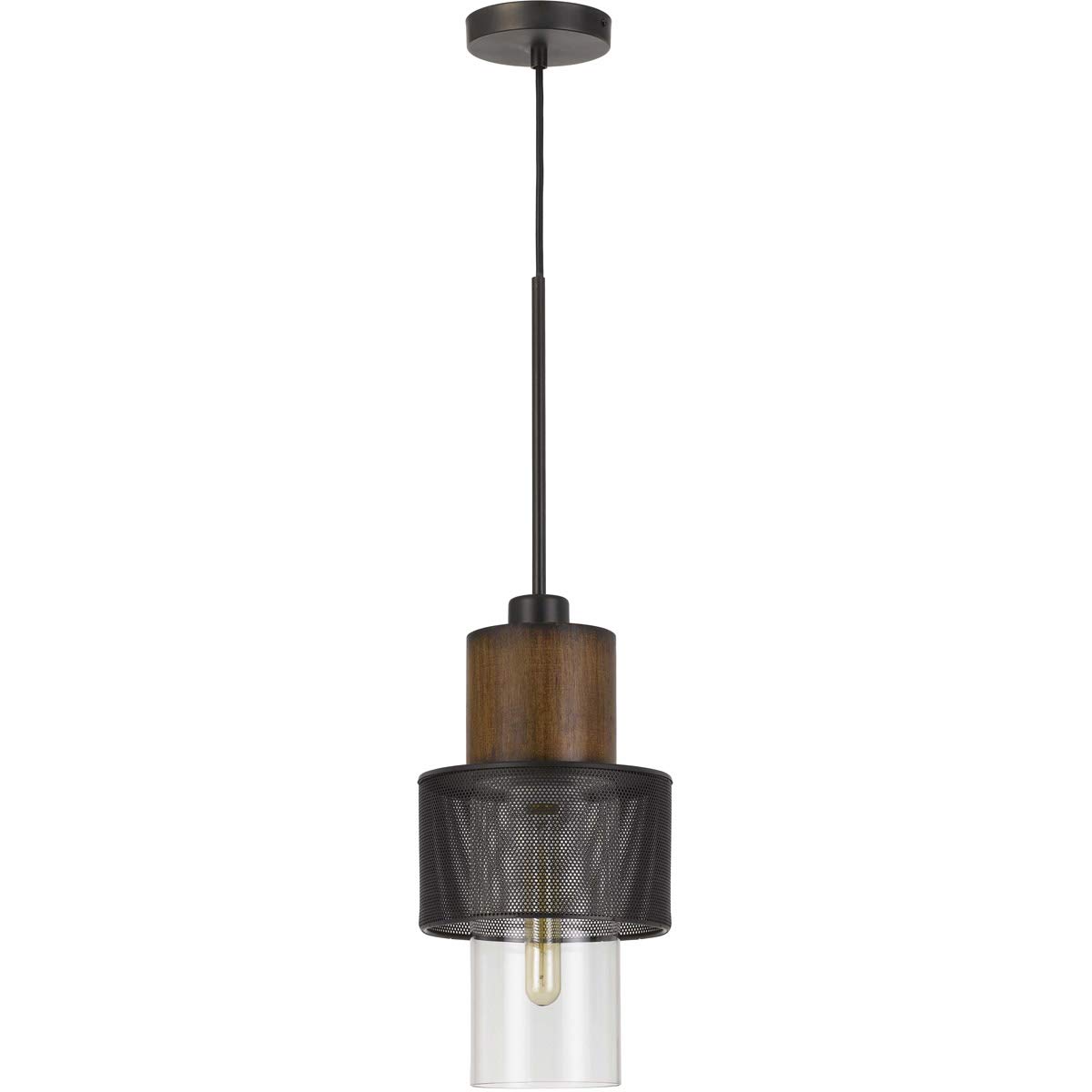 McKee Vintage Metal and Wood Pendant Light with Glass Shade - Industrial Style Ceiling Hanging Fixture for Kitchen Island, Dining Room, or Bedroom (Edison Bulb Not Included)