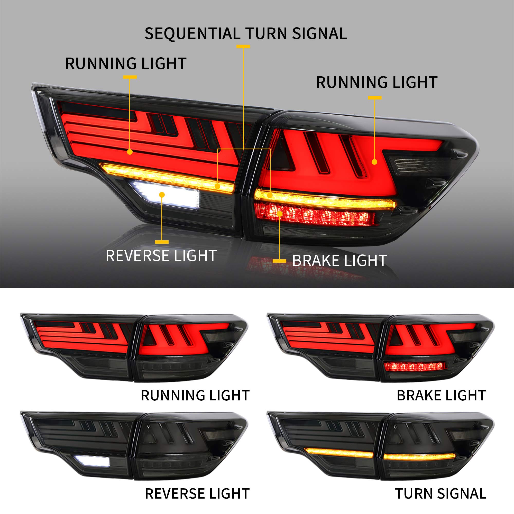 **YUANZHENG Full LED Sequential Tail Lights for Toyota Highlander 2015-2019 - Smoked Lens, Reverse/Running/Brake/Turn Signals - Perfect for Night Driving & Enhanced Safety**