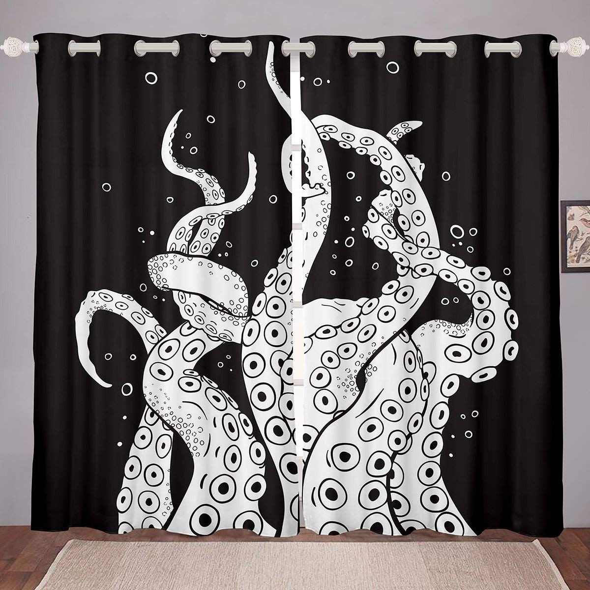 Erosebridal Octopus Tentacle Curtains - Underwater World Oasis Window Drapes with Coastal Marine Animal Print, Black & White Decor for Bedroom & Kitchen, 84x63 Inches - Perfect for Beach House, Ocean Theme Nursery, or Sea Creature Lover's Home Decor