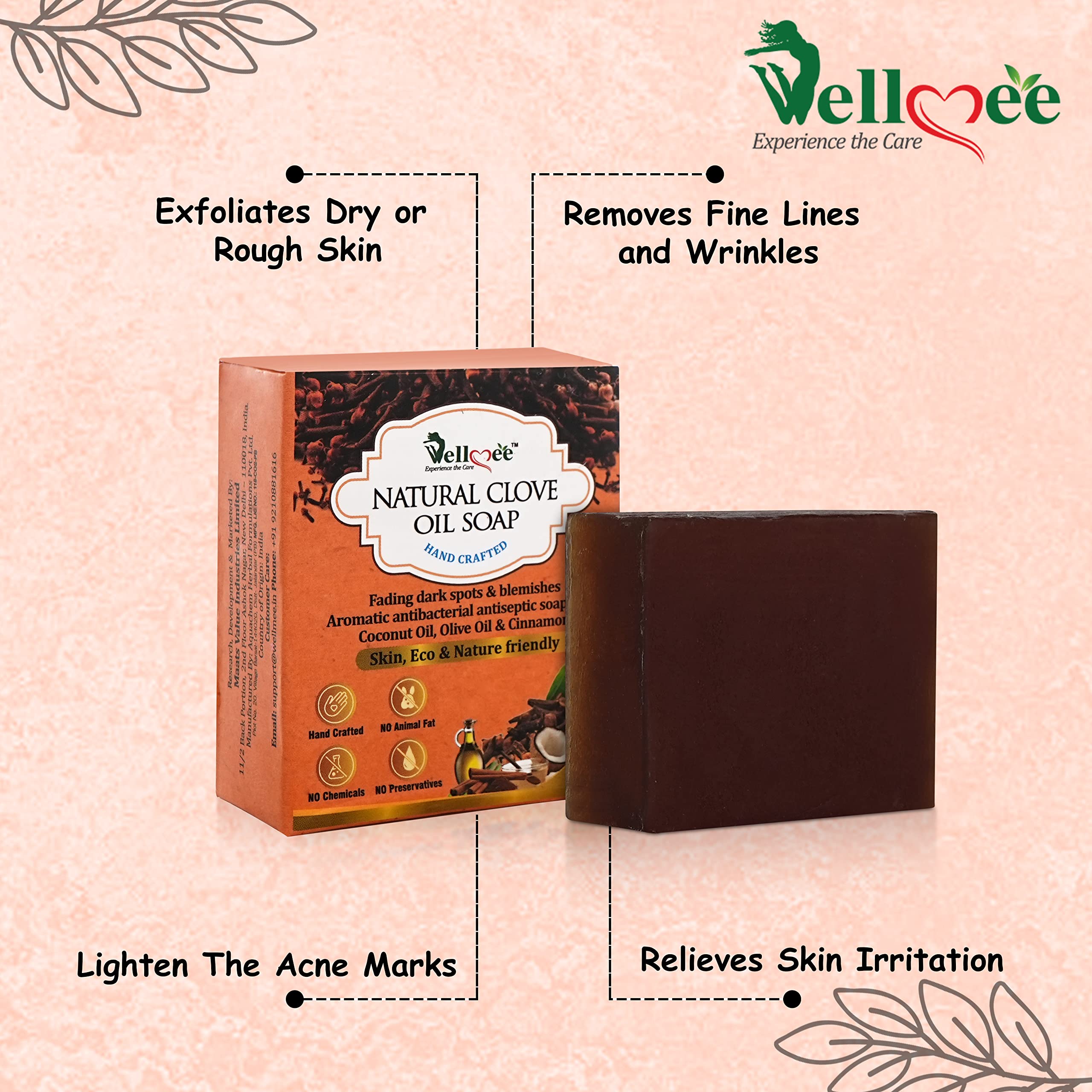WELLMEE Natural Clove Oil Antibacterial Handmade Soap with Coconut Oil & Olive Oil - Reduces Dark Spots & Nourishes Skin - 100g Bar Soap for Acne Treatment, Daily Cleansing & Spa Relaxation