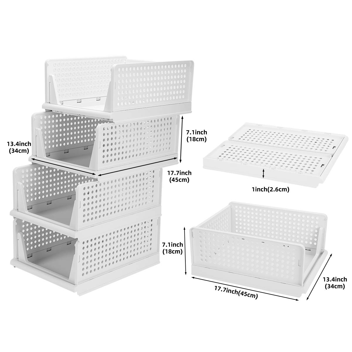 4-Pack Stackable Foldable Closet Organizer Bins - White Plastic Storage Boxes with Easy Open & Fold Design, Drawer-Style Pull Out for Wardrobe, Shelves, Home, Bedroom & Kitchen Organization | Perfect for Clothes, Toys, Pantry Items & Household Storage