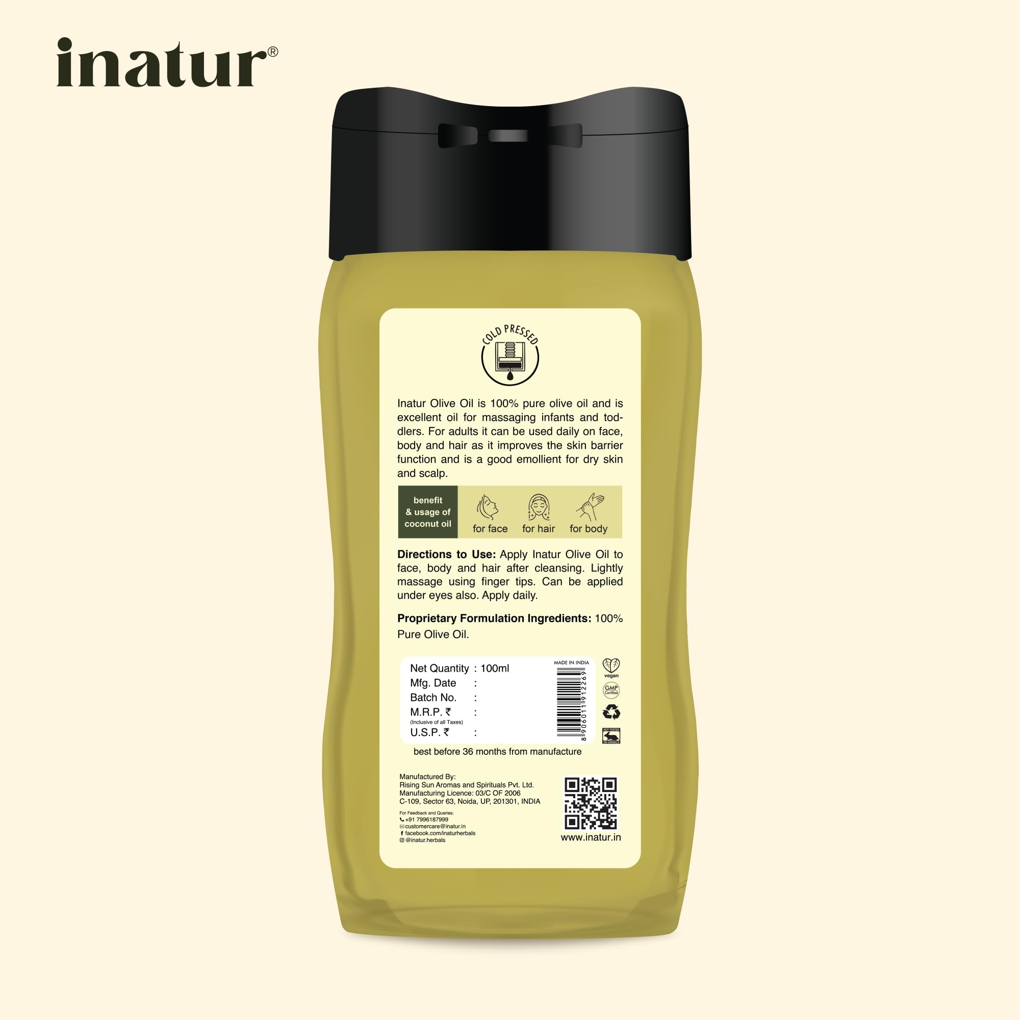 Organic Cold-Pressed Extra Virgin Olive Oil 100ml - 100% Pure Natural Skin & Hair Care Oil for Face, Body & Baby | Hydrating Moisturizer for Dry Skin, Hair Growth Treatment, Massage Oil & DIY Beauty Recipes