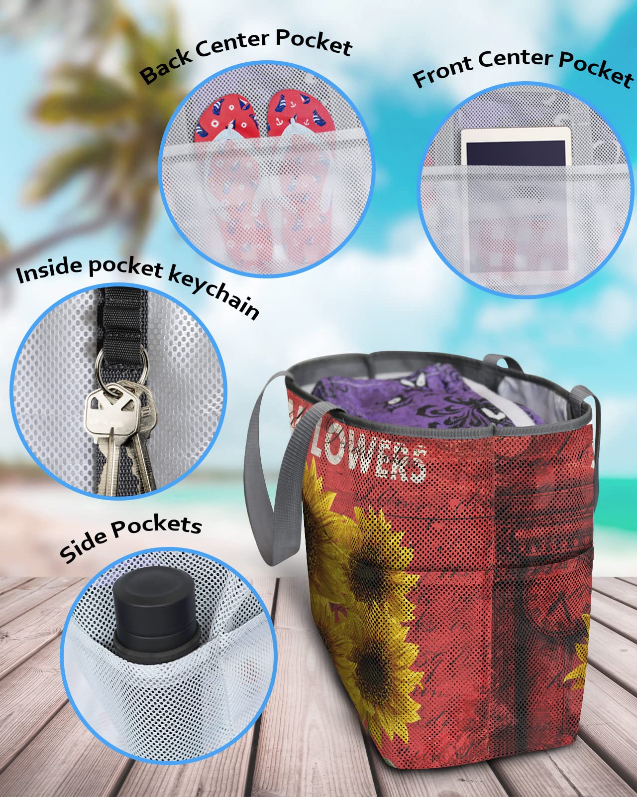Waterproof Extra Large Mesh Beach Tote Bag with 8 Pockets - Sunflower Print Swim Bag for Women, Perfect for Pool, Beach Vacation & Summer Travel Accessories