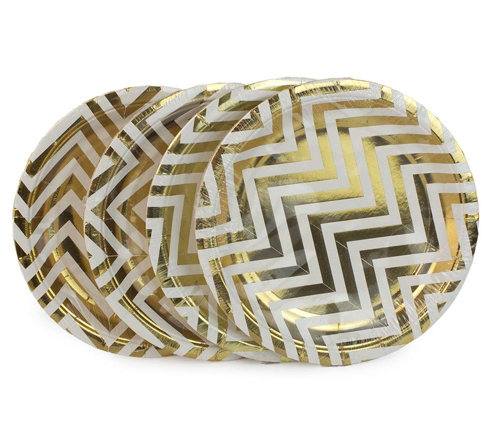 YouMeBest 9-Inch Disposable Gold Chevron Foil Paper Plates - 32 Pack for Parties, Weddings, BBQs & Picnics