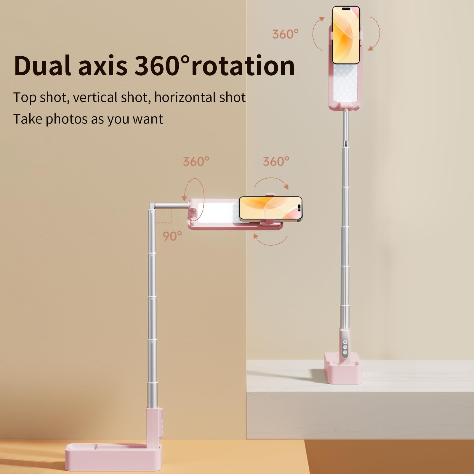 360° Rotating Extendable Selfie Stand with LED Light - Rechargeable Wireless Foldable Phone Holder for iPhone Android Smartphones - Perfect for YouTube/TikTok/Live Streaming/Vlogging & Video Calls (Pink)