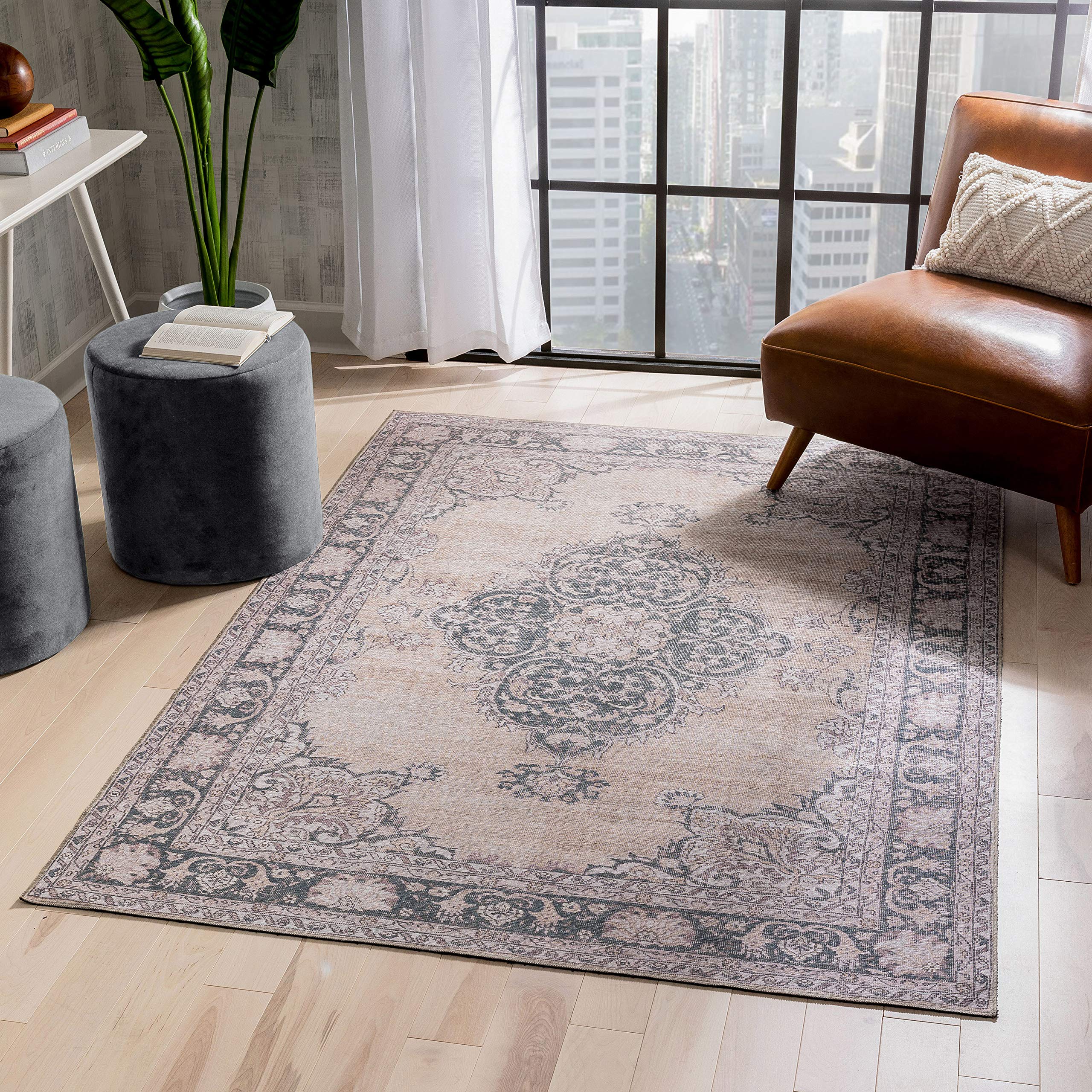 Well Woven Nile Tarifa Vintage Bohemian Medallion Beige Area Rug 5' x 7' - Machine Washable, Non-Slip, Soft Living Room Rug for Bedroom, Dorm, Office & Home Decor