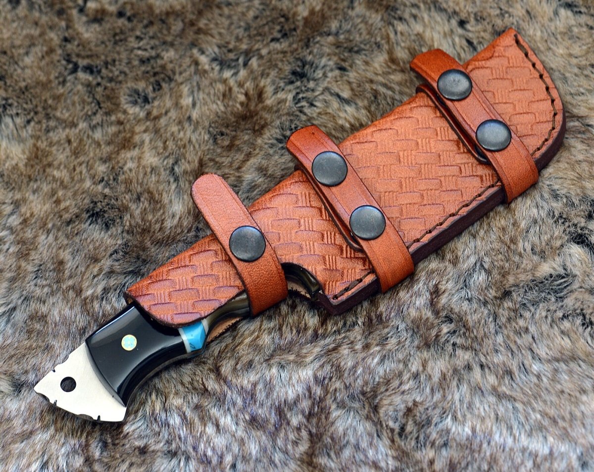 Premium Damascus Steel Gut Hook Knife with Ram Horn & Turquoise Handle - Hunting, Camping & Outdoor Survival Essential