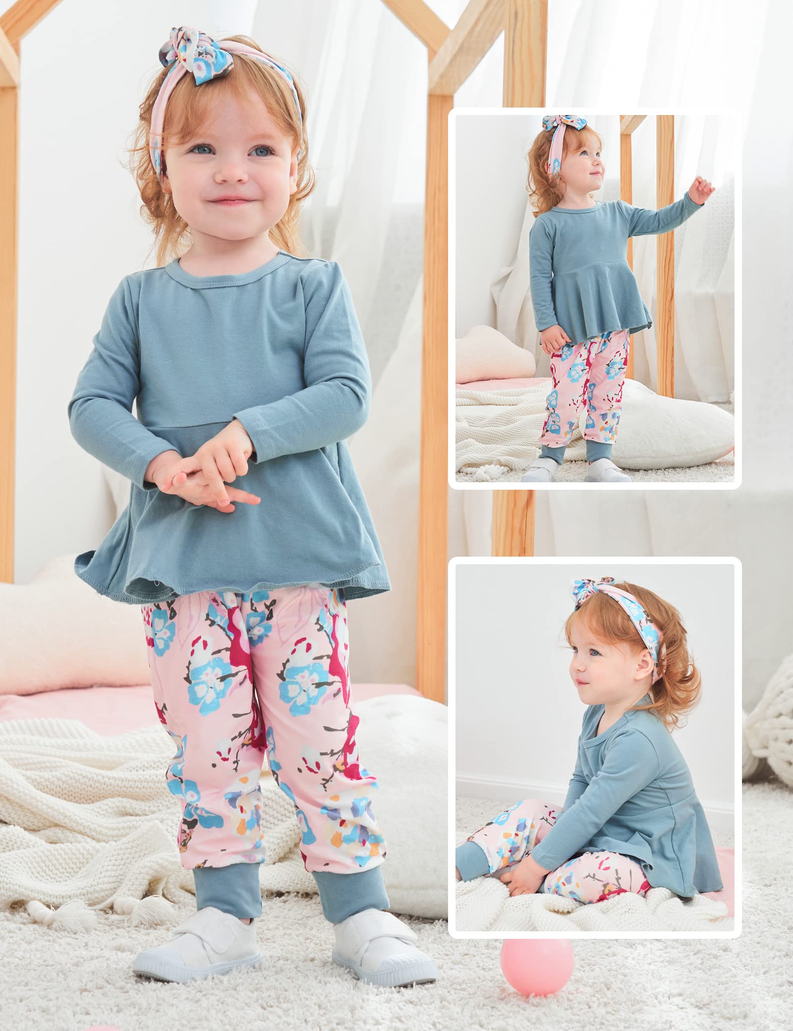Toddler Baby Girl Outfit Set - Solid Color Ruffle Top & Floral Pants with Cute Headband | Casual Spring Summer Playtime Clothes