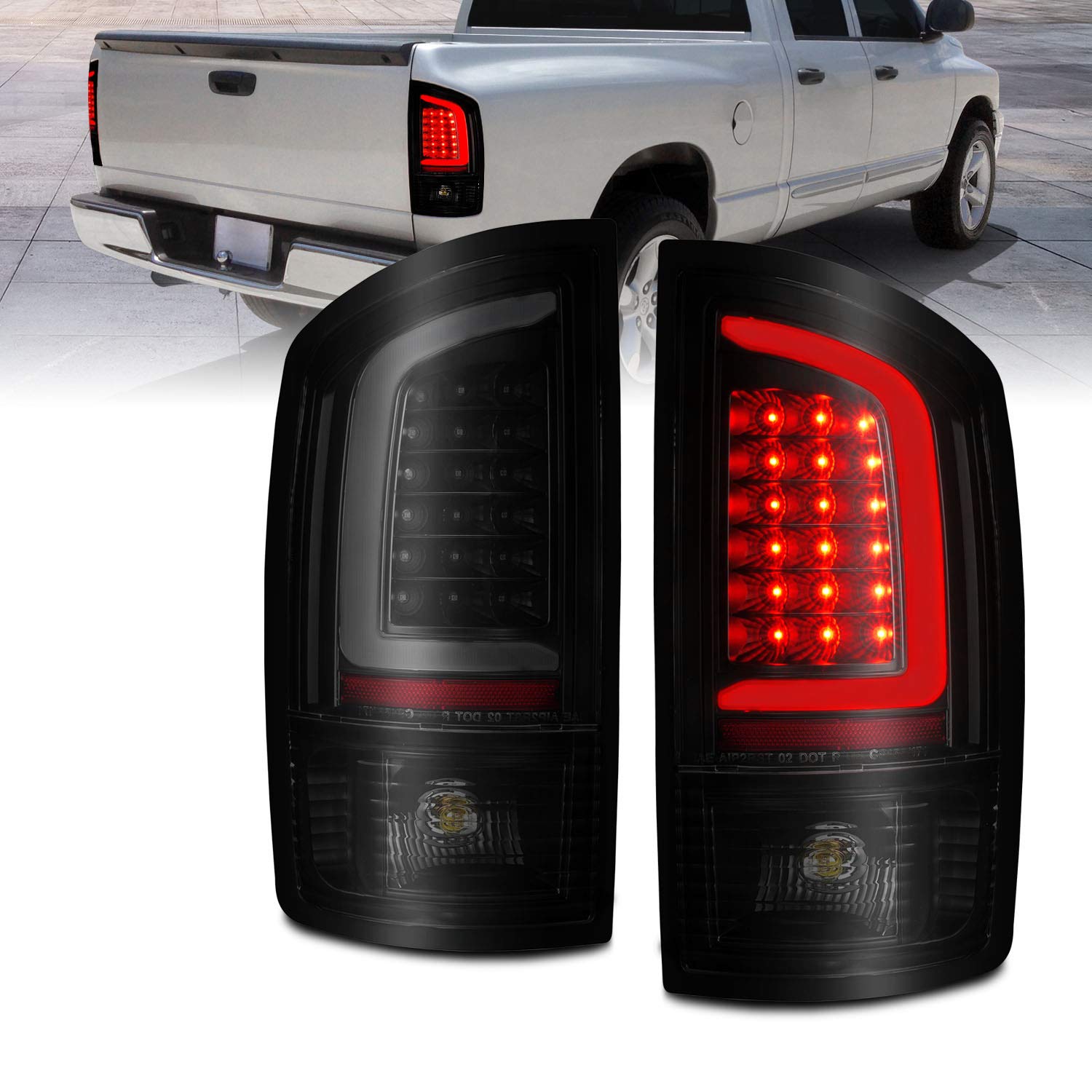 2002-2006 Dodge Ram 1500 & 2003-2006 Ram 2500/3500 Pickup Truck Black C-Type LED Tail Lights Pair - Brake Lamps Replacement for Driver & Passenger Side | Enhanced Night Visibility & Safety