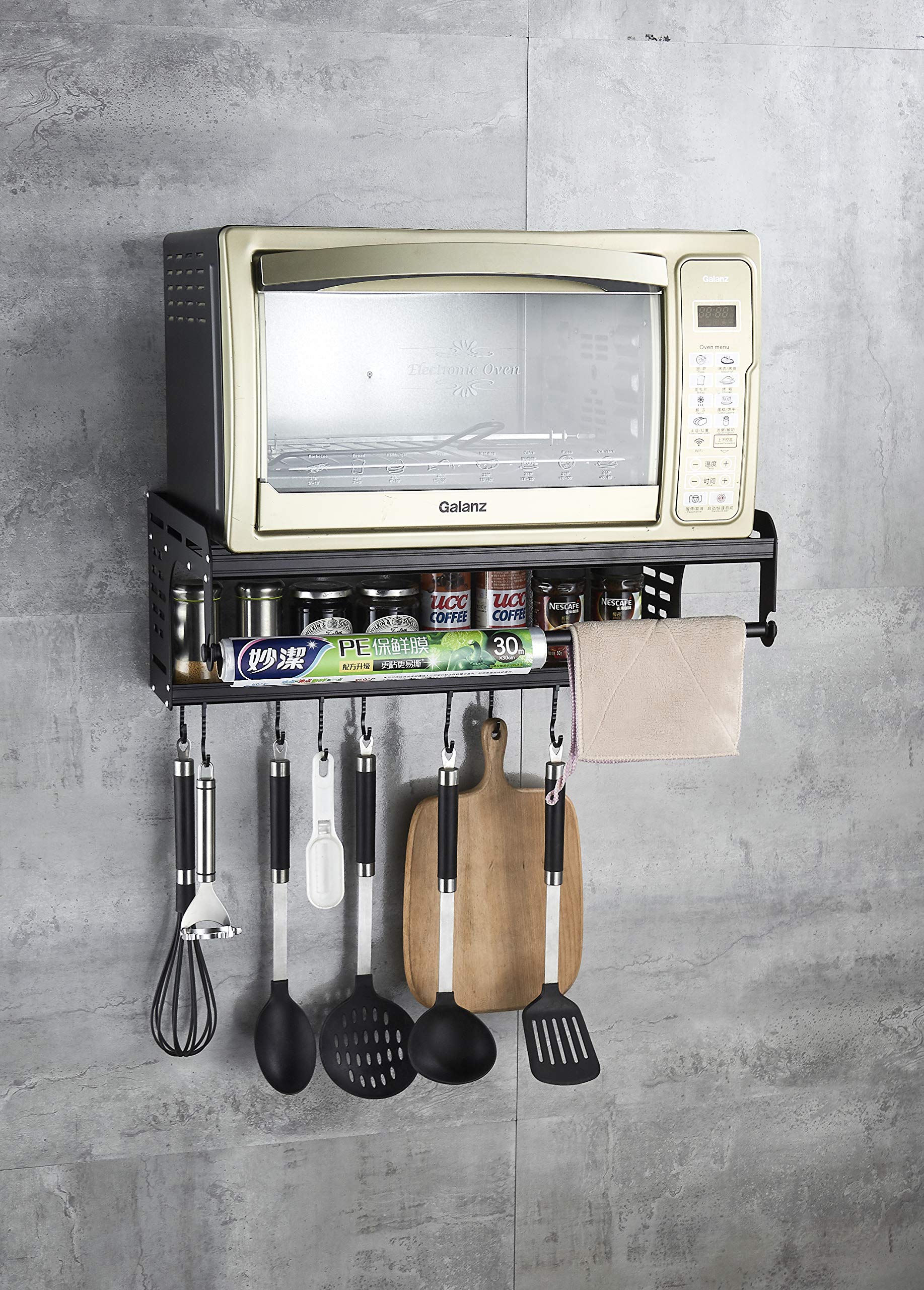 Black Aluminum Microwave Oven Wall Mount Shelf - Double Bracket with 10 Removable Hooks & Wrapper Roll Holder - Space Saving Kitchen Organizer for Christmas Decorations & Small Appliances