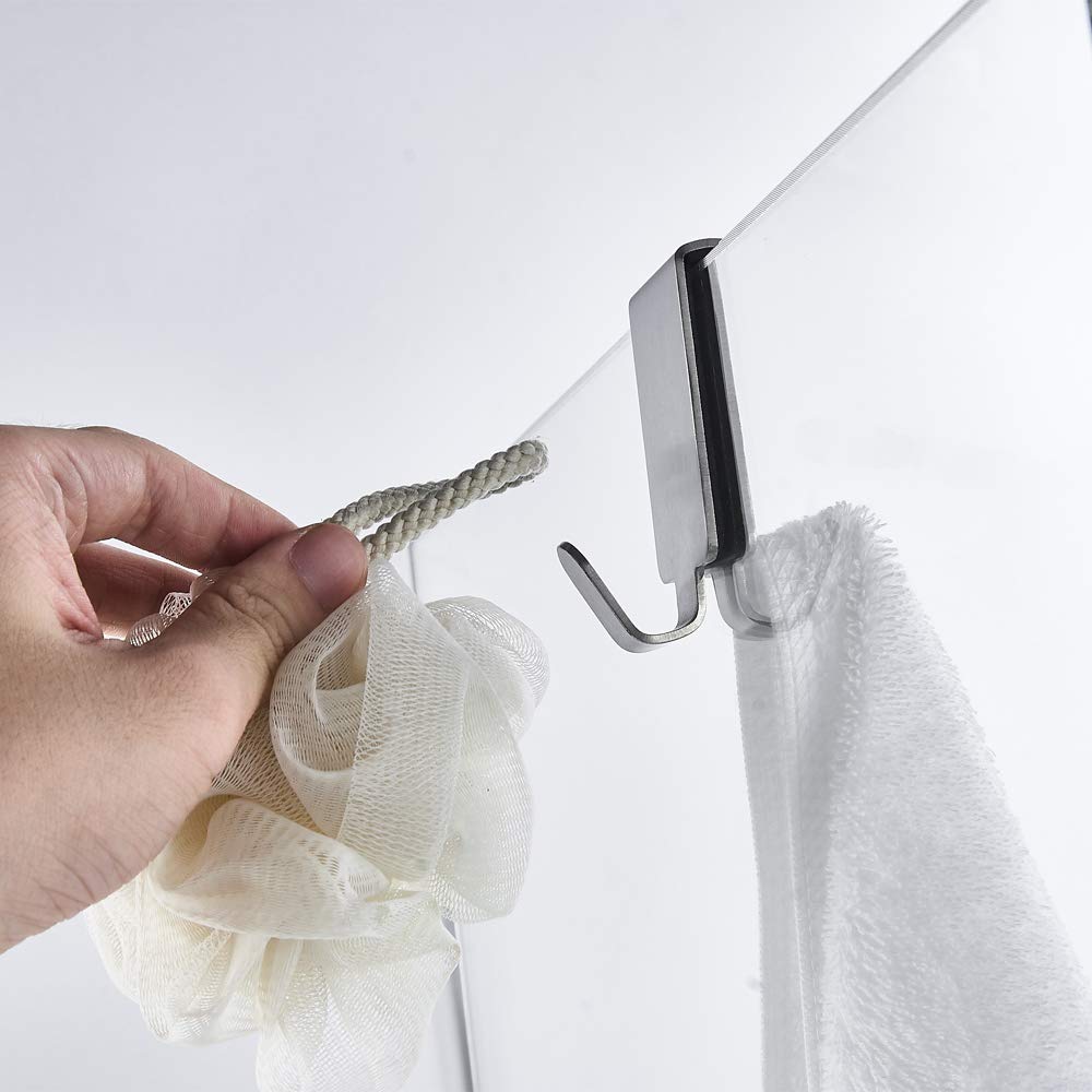 Stainless Steel Double Hooks for Glass Shower Door - 2 Pack Brushed Finish Towel Hooks (0.31-0.39in) - Perfect for Bathroom Organization & Glass Wall Storage