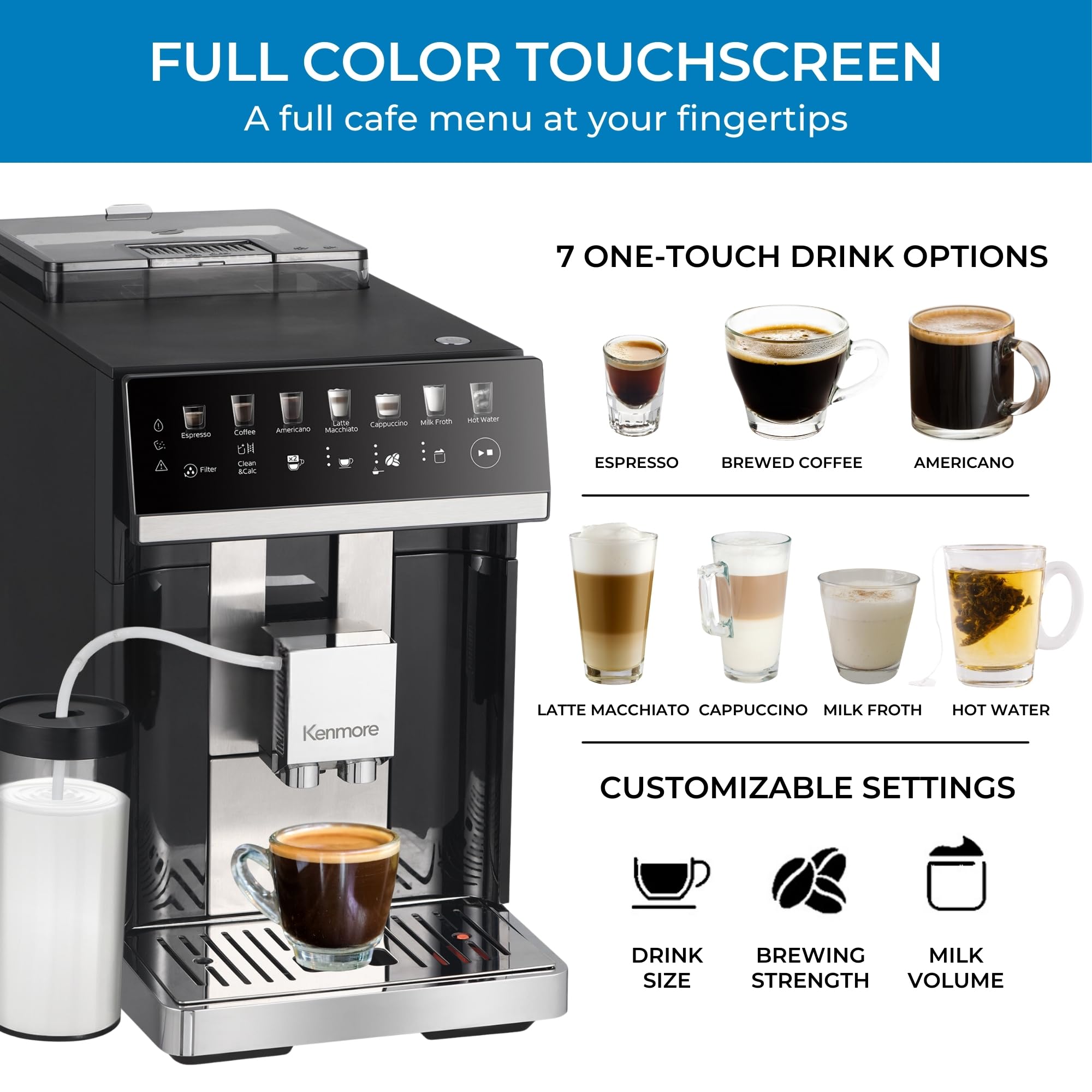 Koolatron Kenmore Espresso Machine - Fully Automatic Coffee Maker with Built-in Grinder, Milk Frother & Auto Tamper | Professional Barista Style for Cappuccino, Latte & Black Coffee | Perfect for Home, Office & Cafe Use