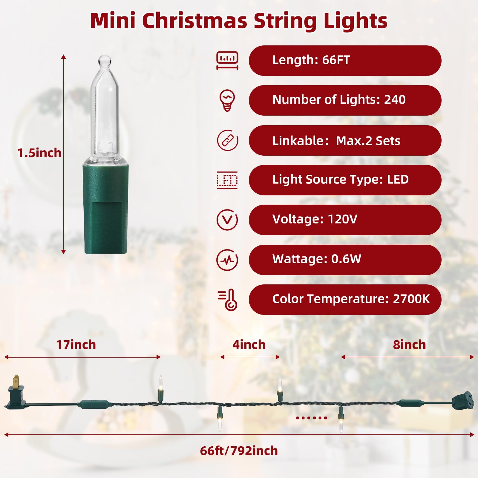 240 Count 66FT LED Mini Christmas Lights - UL Certified Waterproof Connectable String Lights with Green Wire, Warm White for Christmas Tree, Wreath & Holiday Decor - Perfect for Indoor/Outdoor Home, Party & Wedding Decoration