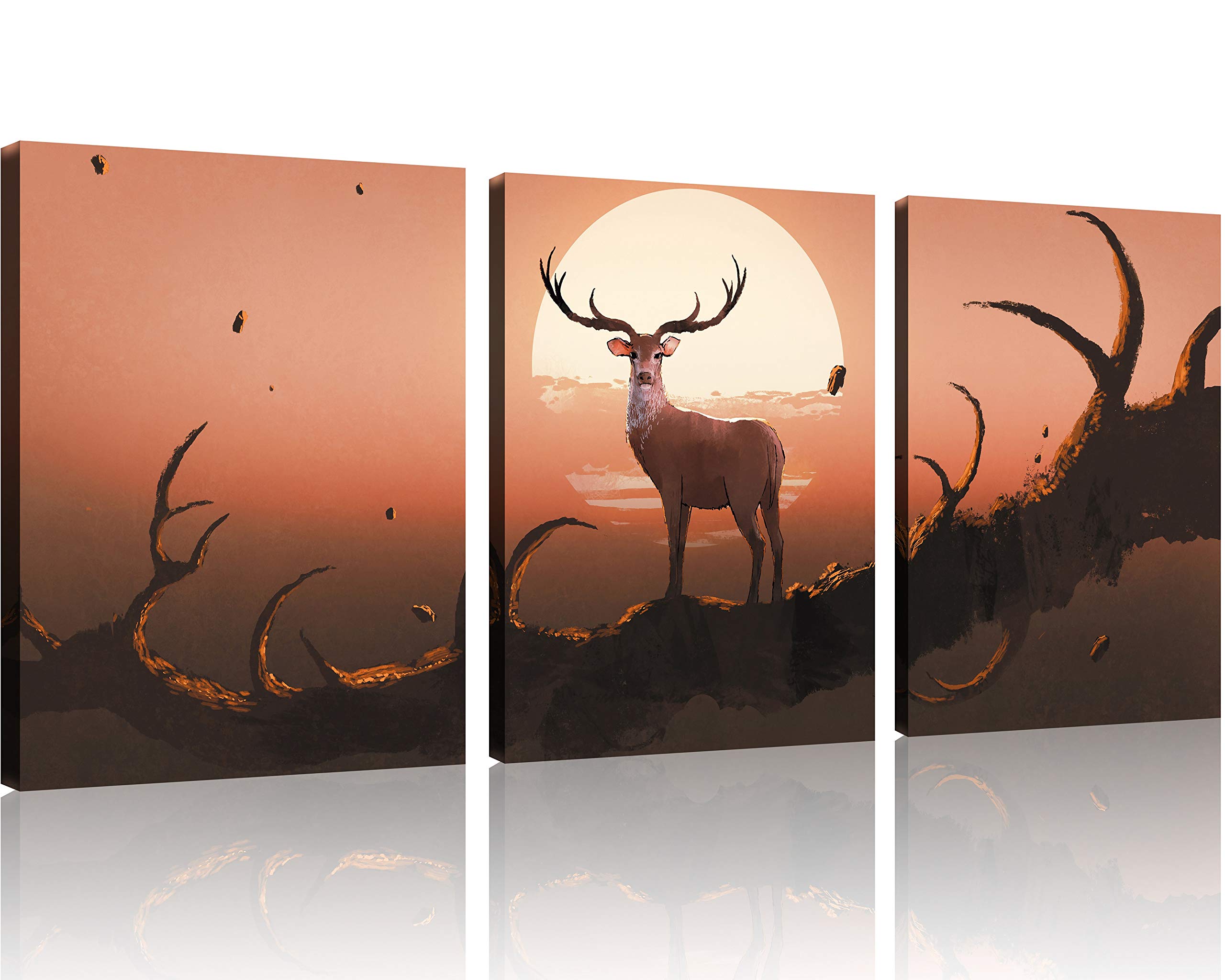 TutuBeer 3-Panel Deer Canvas Wall Art - Sunset Forest Scene with Deer Standing on Branch, Stretched & Framed Animal Painting (12x16in Each) - Perfect for Living Room, Bedroom & Office Decor