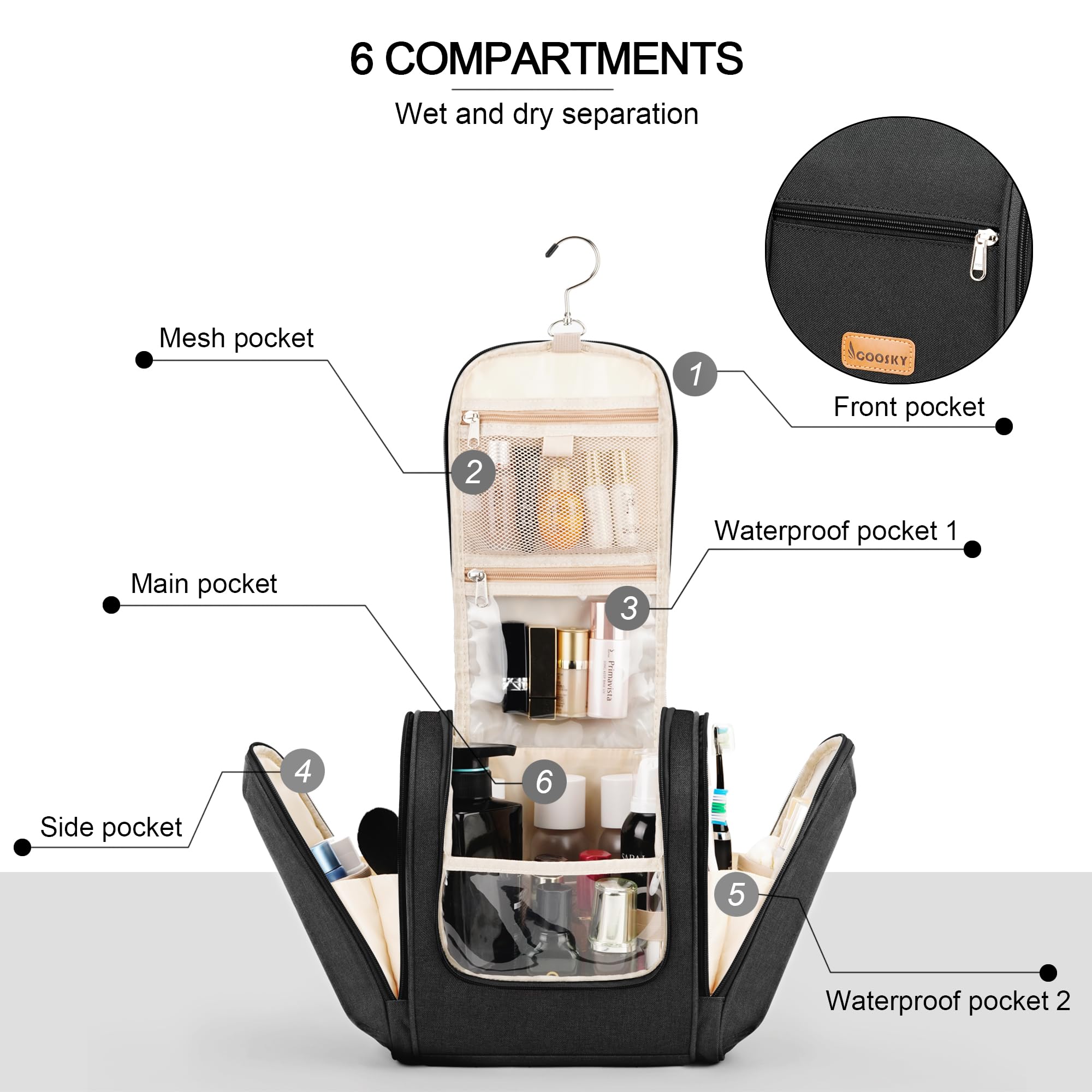 **Large Waterproof Hanging Toiletry Bag for Travel – 6 Compartments for Full-Size Bottles & Cosmetics – Ideal for Women & Men – Perfect for Bathroom, Gym & Vacation (Black)**