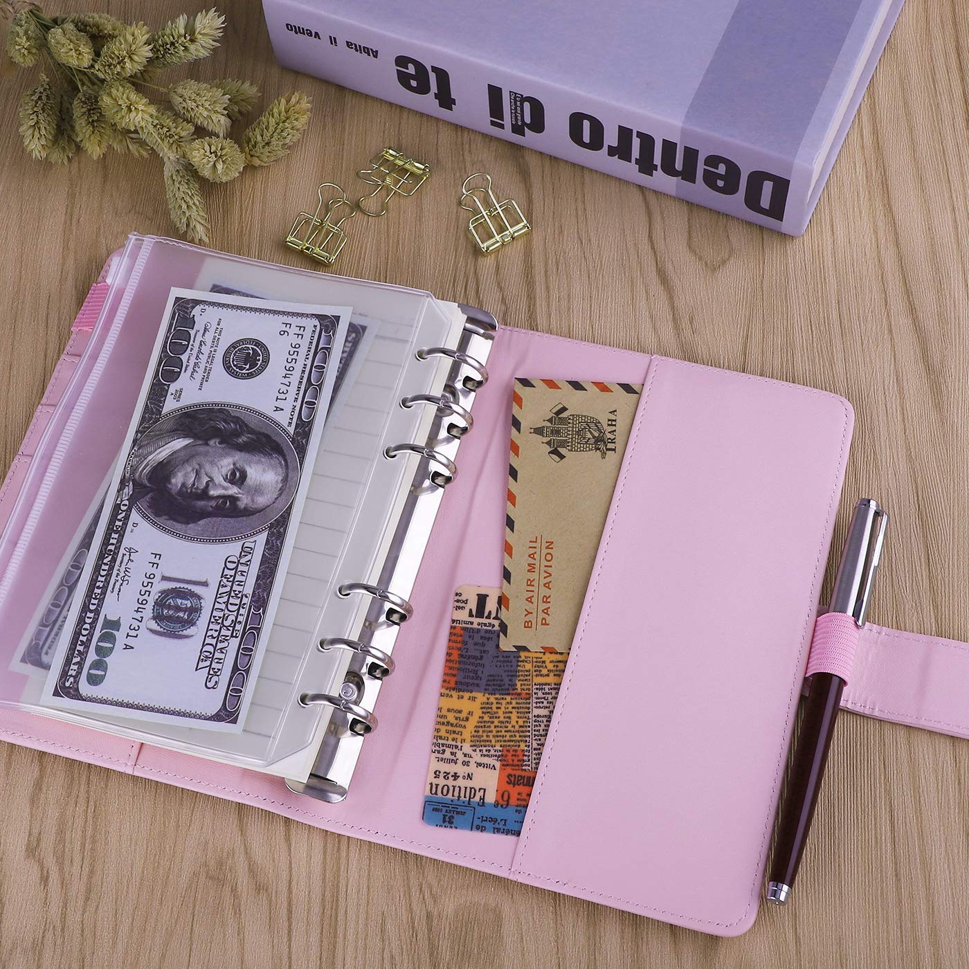 Antner A6 PU Leather Notebook Binder (Pink) with 12pcs Binder Pockets | 6-Hole Refillable Planner for School, Office & Journaling | Perfect for Students, Professionals & Organizers