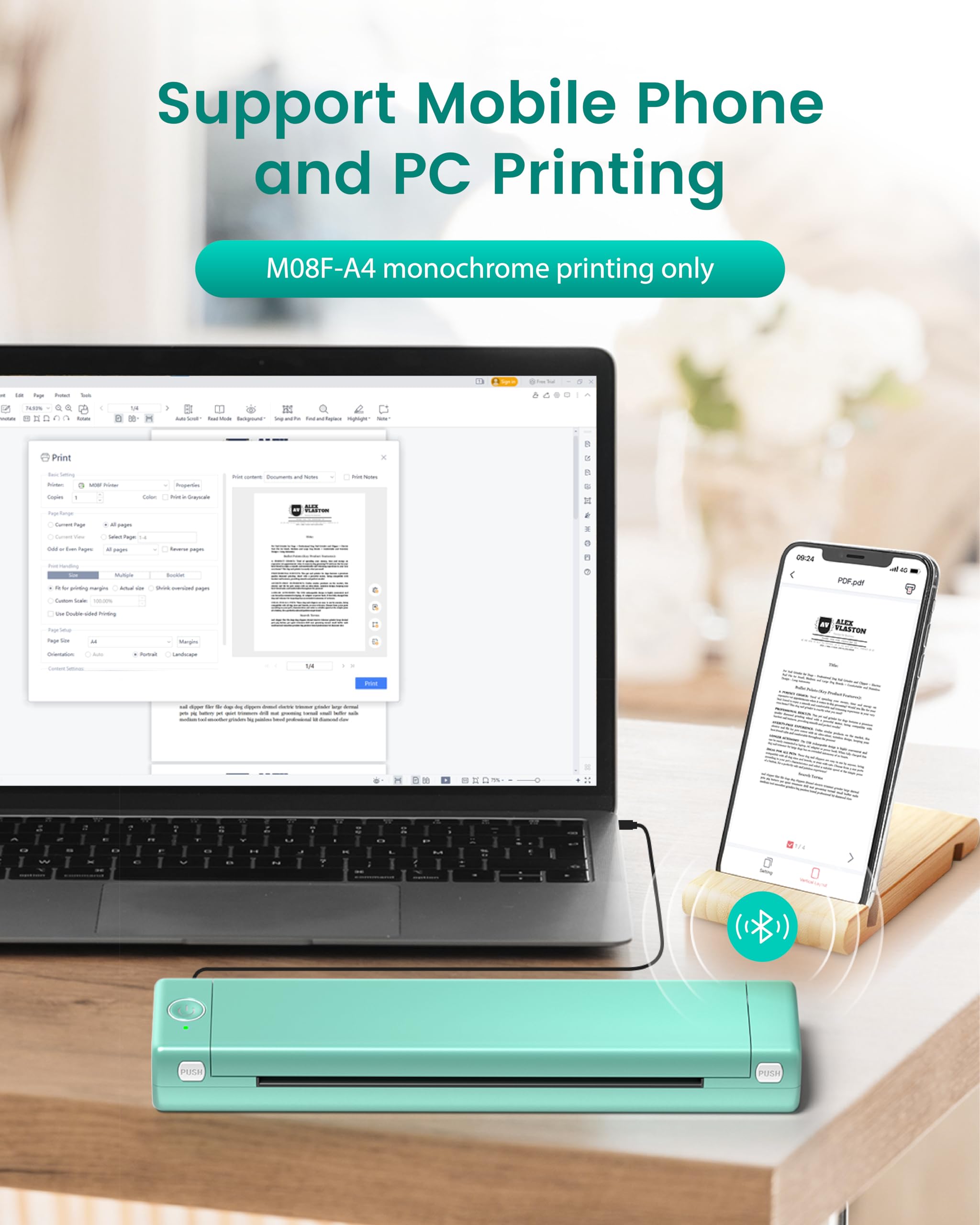 Phomemo M08F A4 Thermal Printer - Portable Bluetooth Mobile Printer for Laptops & Phones | Inkless Printing | Ideal for Home Office, Shipping Labels & Receipts