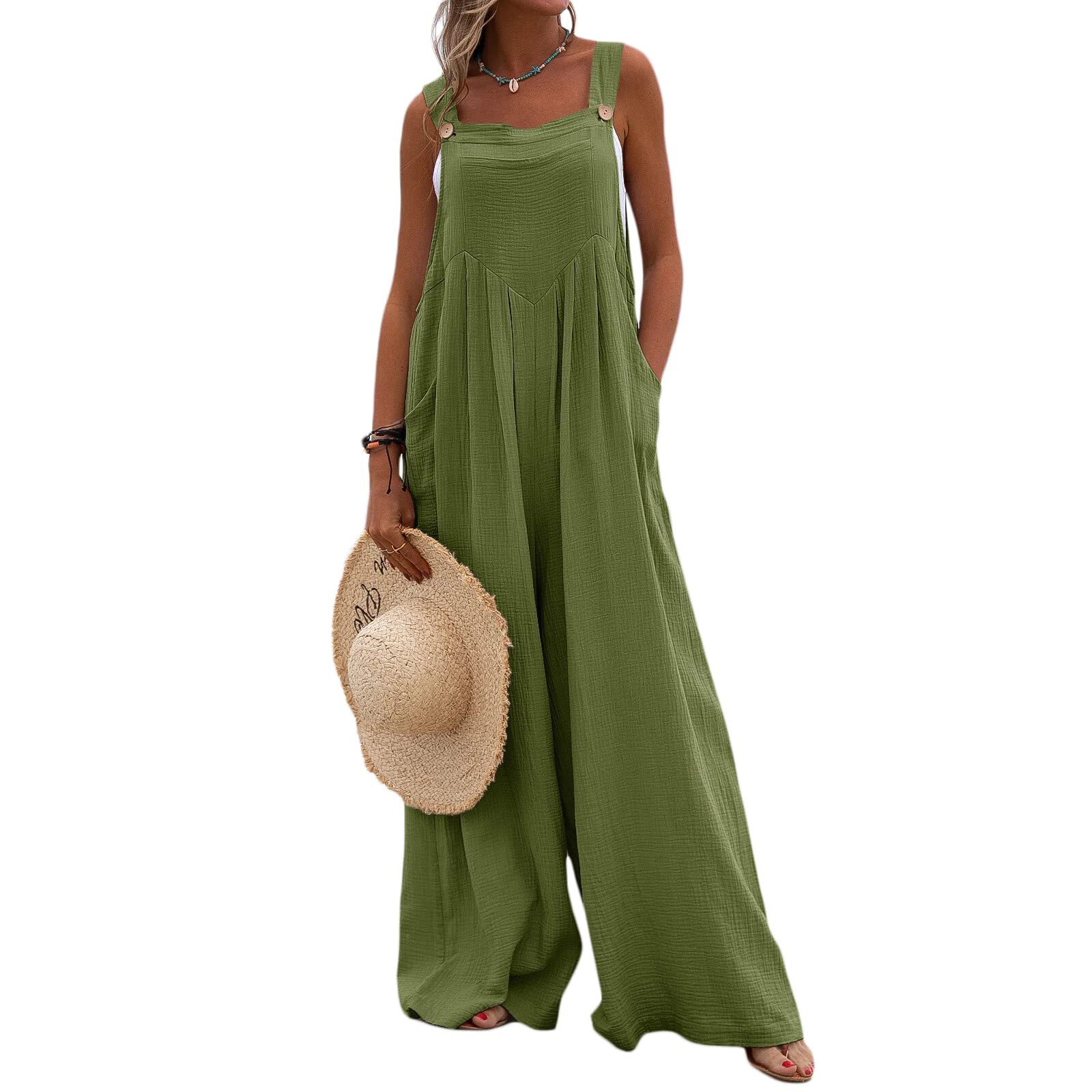 Kaipiclos Women's Plus Size Loose Linen Overalls - Wide Leg Jumpsuit with Pockets & Adjustable Straps | Casual Summer Outfit for Beach, Travel & Everyday Wear