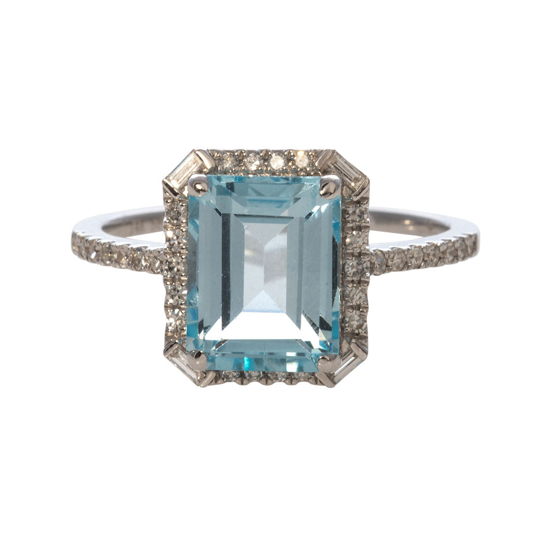 Emerald Cut Blue Topaz & Diamond 14K White Gold Ring for Women - Elegant Wedding, Engagement & Anniversary Jewelry Gift