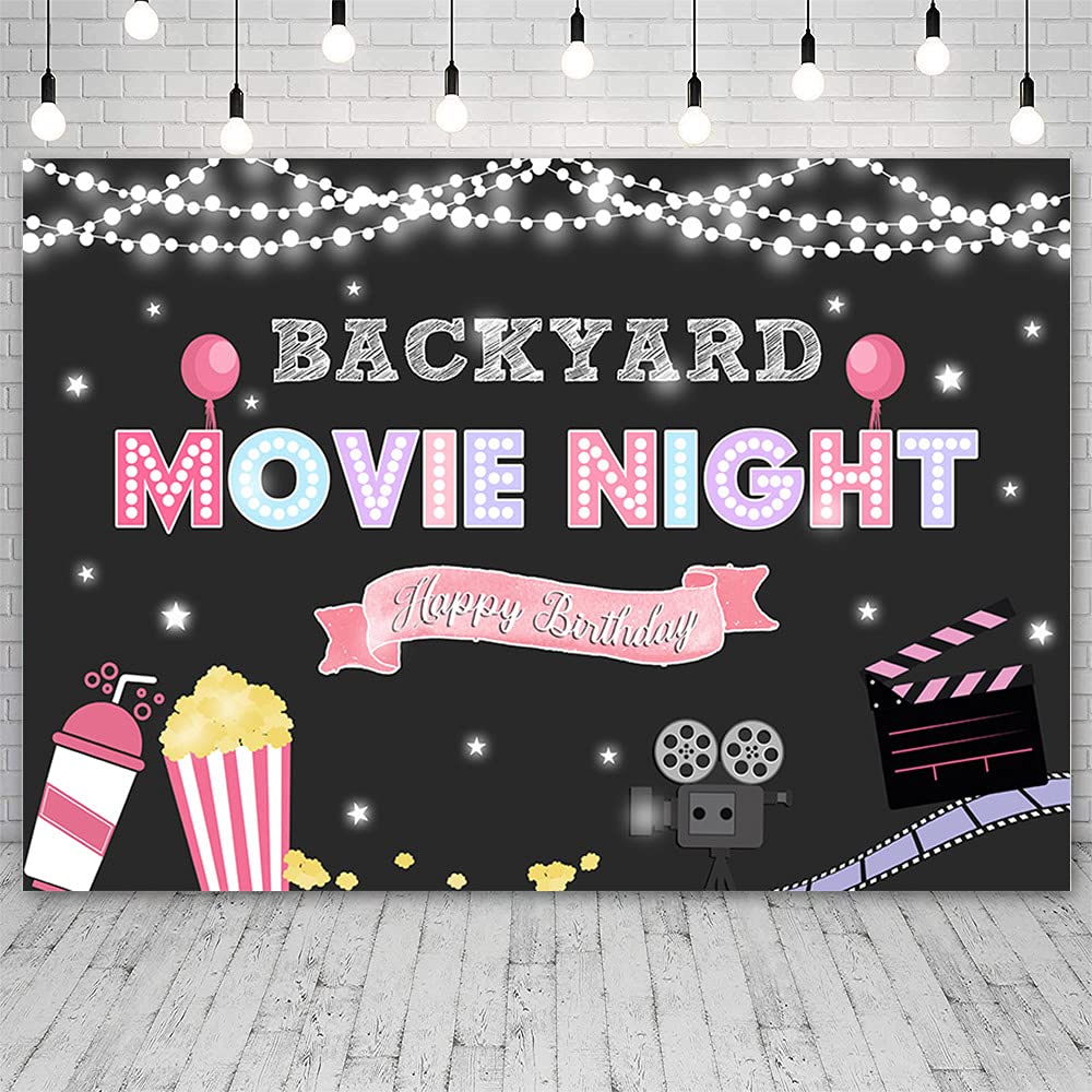 7x5ft Pink Movie Night Backdrop for Girls - Birthday Party Decorations, Backyard Projector Screen, Cake Table Banner, Popcorn & Sparkling Drink Background - Perfect for Birthday Parties, Movie Nights & Outdoor Gatherings