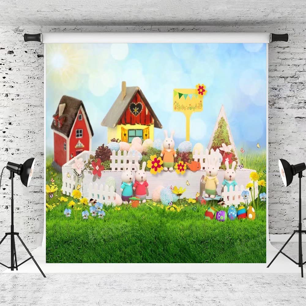 Happy Easter Backdrop 8x8ft - Cartoon Bunny & Colorful Eggs Spring Grass Photo Background for Newborn Portrait, Photography Studio Props | Perfect for Easter Photo Shoots, Baby Showers & Spring Party Decorations