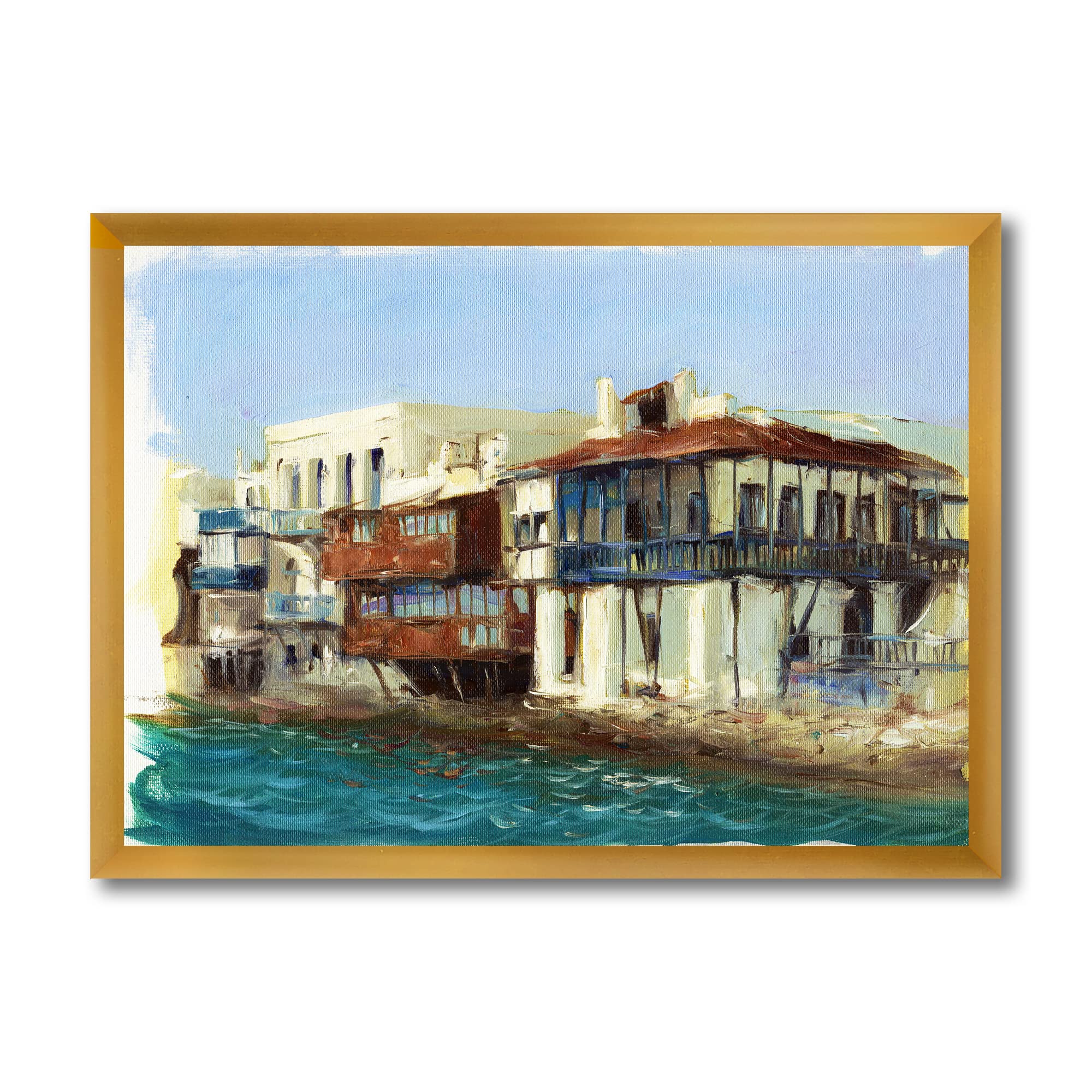 DesignQ Old Houses On The Island of Mykonos Greece Nautical & Coastal Framed Wall Art - Vintage Greek Island Decor for Beach House, Living Room & Office