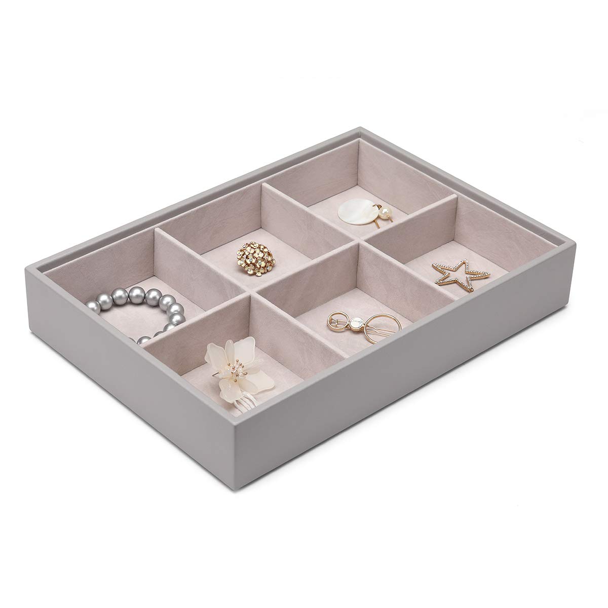 Vlando Jewelry Tray - 4-Layer Faux Leather Jewelry Organizer with Lid for Earrings, Necklaces, Bracelets & Rings - Desktop & Drawer Storage Solution for Women's Accessories - Perfect for Bedroom Vanity, Dresser Top or Travel Jewelry Case (Grey)