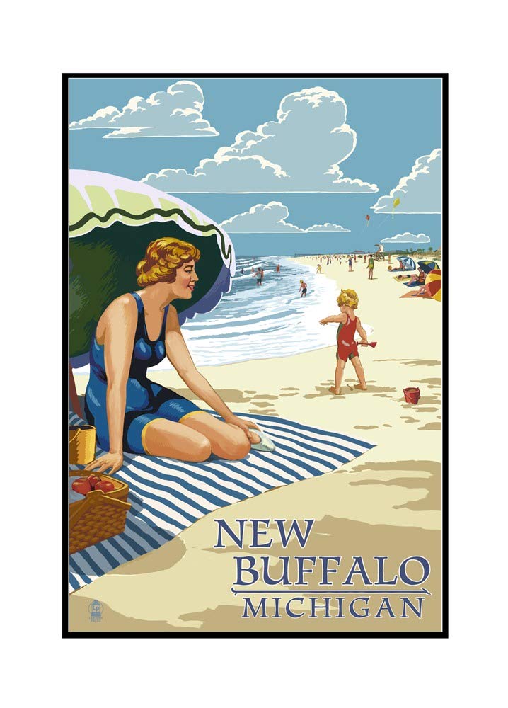 New Buffalo Michigan Beach Scene - 24x36 Framed Gallery Wrapped Canvas Wall Art - Perfect for Living Room, Bedroom & Coastal Home Decor