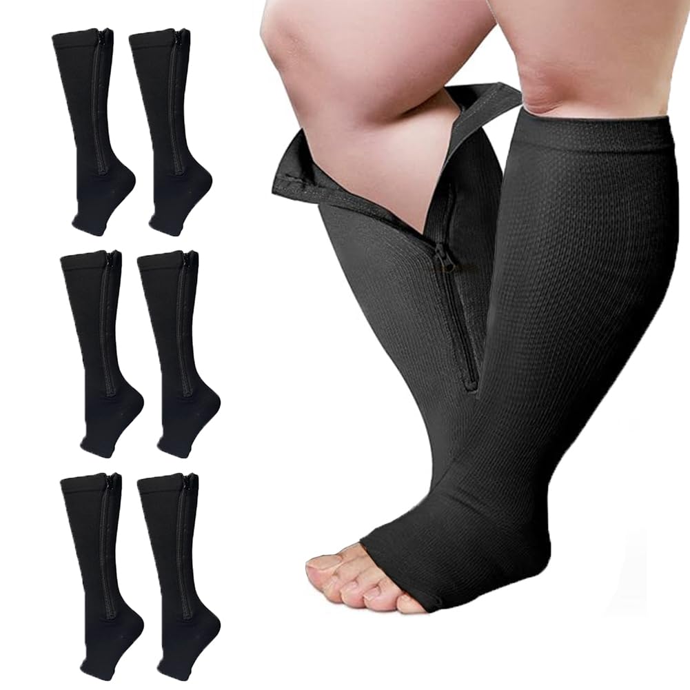 3 Packs Plus Size Compression Socks with Zipper - Knee High 15-20 mmHg Support Socks for Women & Men - Open Toe Circulation Socks for Varicose Veins & Swelling Relief - Perfect for Travel, Nursing & Long Work Shifts