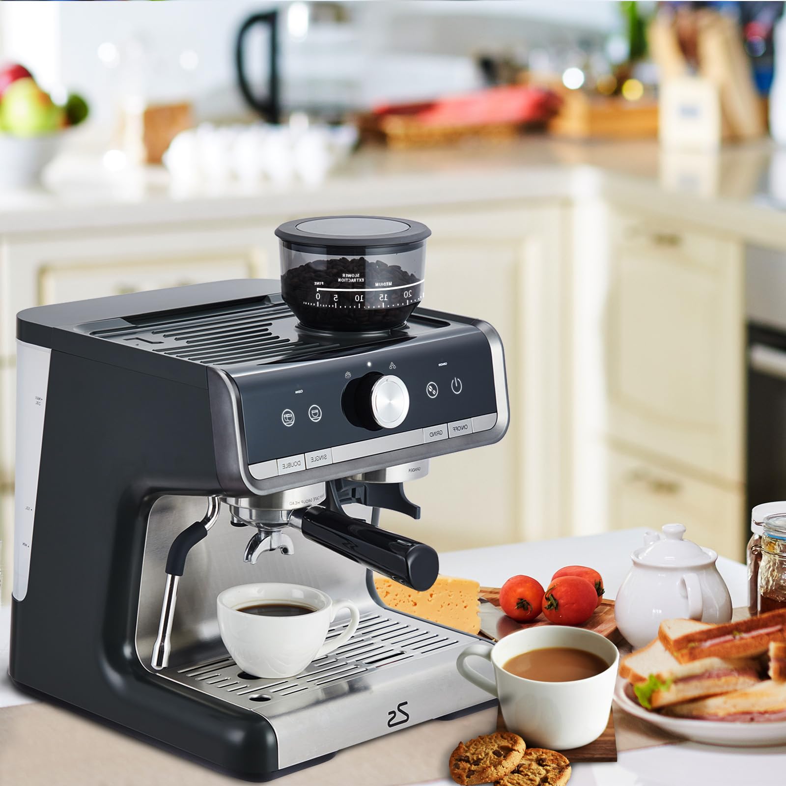 20 Bar Professional Espresso Machine with Built-in Grinder & Milk Frother - Home Coffee Maker for Espresso & Cappuccino with Removable Water Tank - Perfect Gift for Coffee Lovers (Home/Office/Cafe Use)
