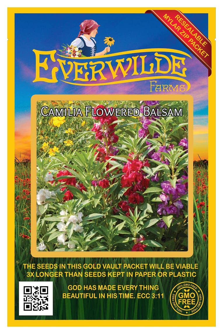 Everwilde Farms - 100 Camellia Flowered Mix Balsam Wildflower Seeds - Gold Vault Jumbo Seed Packet for Garden, Landscaping & Pollinator-Friendly Planting
