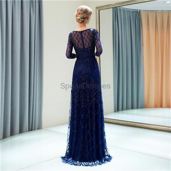Elegant Navy Long Sleeve Lace Beaded Prom Dress for Evening Party & Formal Events - Perfect for Homecoming, Ball Gowns & Special Occasions - Style 12052