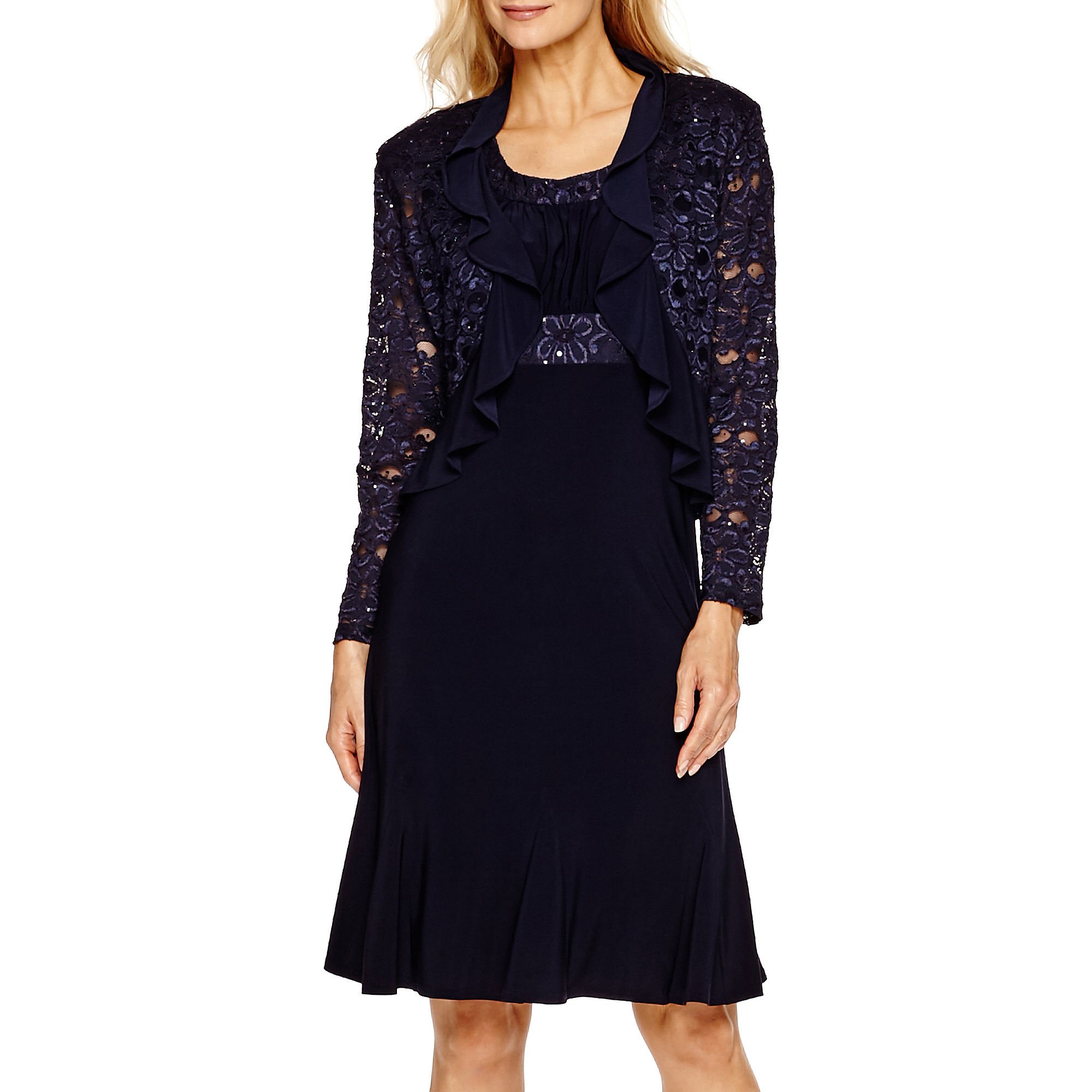 RM Richards Women's Sequin Lace Ruffle Front Jacket Dress - Elegant Party Wear for Evening Events, Weddings & Special Occasions
