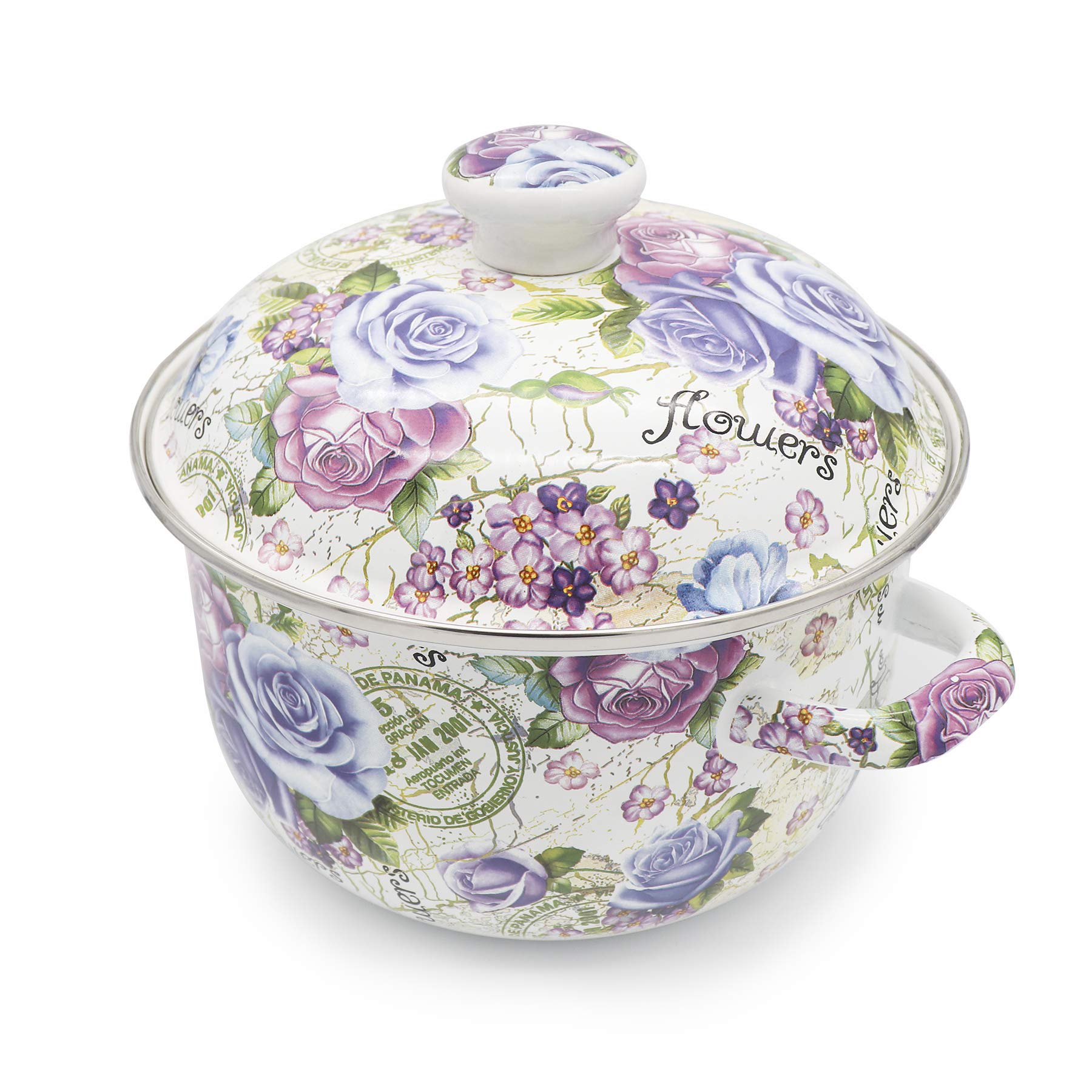 3 Quart Stainless Steel Stock Pot with Lid - Flower Enamel Design for Cooking, Boiling & Stewing - Perfect for Soups, Stews, and Large Family Meals
