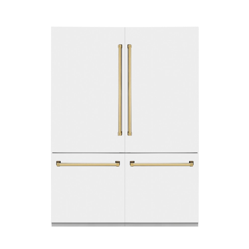 ZLINE Autograph Edition 60-Inch 32.2 cu. ft. French Door Built-In Bottom Freezer Refrigerator with Water Dispenser & Ice Maker - White Matte with Polished Gold Accents (RBIVZ WM 60 G) | Perfect for Modern Kitchens & Luxury Homes