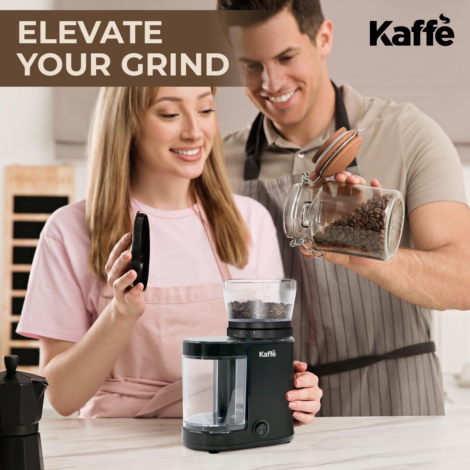 Premium Kaffe Electric Burr Coffee Grinder - 5.5oz Capacity, Adjustable Coarseness Settings & Flat Burr Design - New Upgraded Motor for Precise Grinding - Perfect for Espresso, French Press & Drip Coffee - Ideal Home Coffee Bean Grinder (Black)
