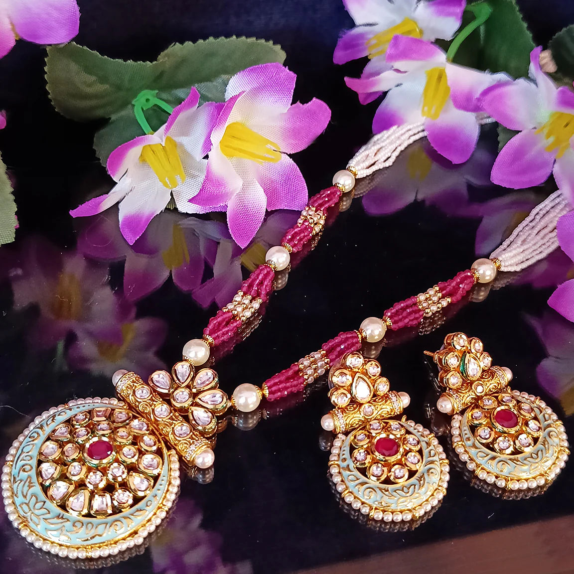 Luxury Gold Plated Royal Kundan Ruby Beads Pendant Necklace Set (D437) - Perfect for Weddings, Parties & Special Occasions
