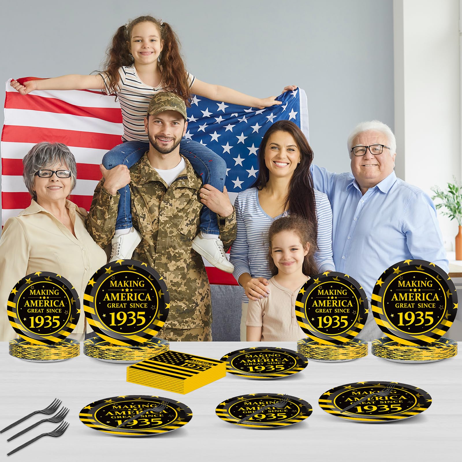 90th Birthday Party Supplies Set - 96 Pcs Black & Gold Paper Plates, Napkins, Forks - Elegant Dinnerware for 24 Guests - Perfect for 1935 Themed Celebrations (Men & Women) - Great for Milestone Anniversaries & Retirement Parties