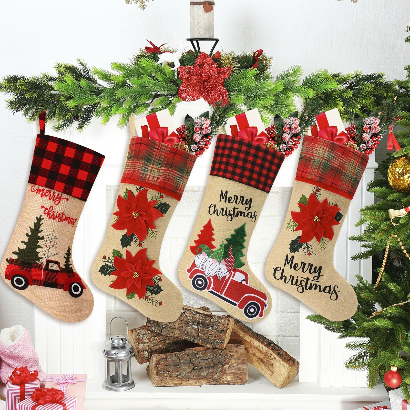 Skylety 4-Piece 18-Inch Plaid Burlap Christmas Stockings Set - Santa Claus & Holiday Flower Print Xmas Stockings for Fireplace Decor, Gift Exchange & Festive Home Decoration | Perfect for Christmas Tree, Mantel & Holiday Party Decorating