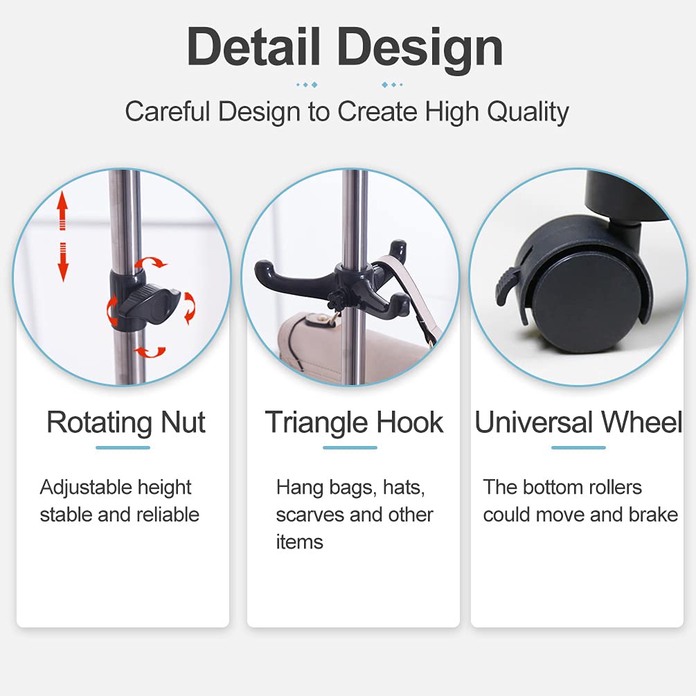 BAOYOUNI Adjustable Rolling Coat Rack with Wheels - Heavy Duty Metal Garment Rack for Clothes, Hats, Purses & Accessories - Mobile Clothing Organizer & Display Stand (Black) - Perfect for Retail Stores, Boutiques, Bedrooms & Closet Organization