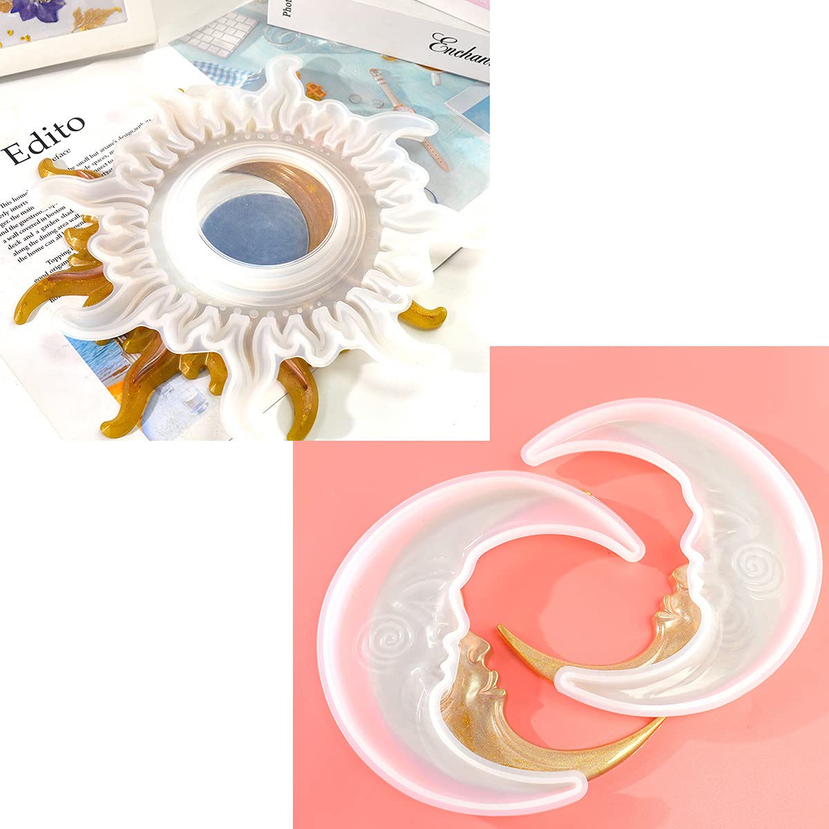 Sun and Moon Silicone Molds for Epoxy Resin | Crescent & Sunburst Mirror Resin Molds | DIY Art Crafts & Home Decor | Perfect for Wall Art, Jewelry Making, and Gift Projects