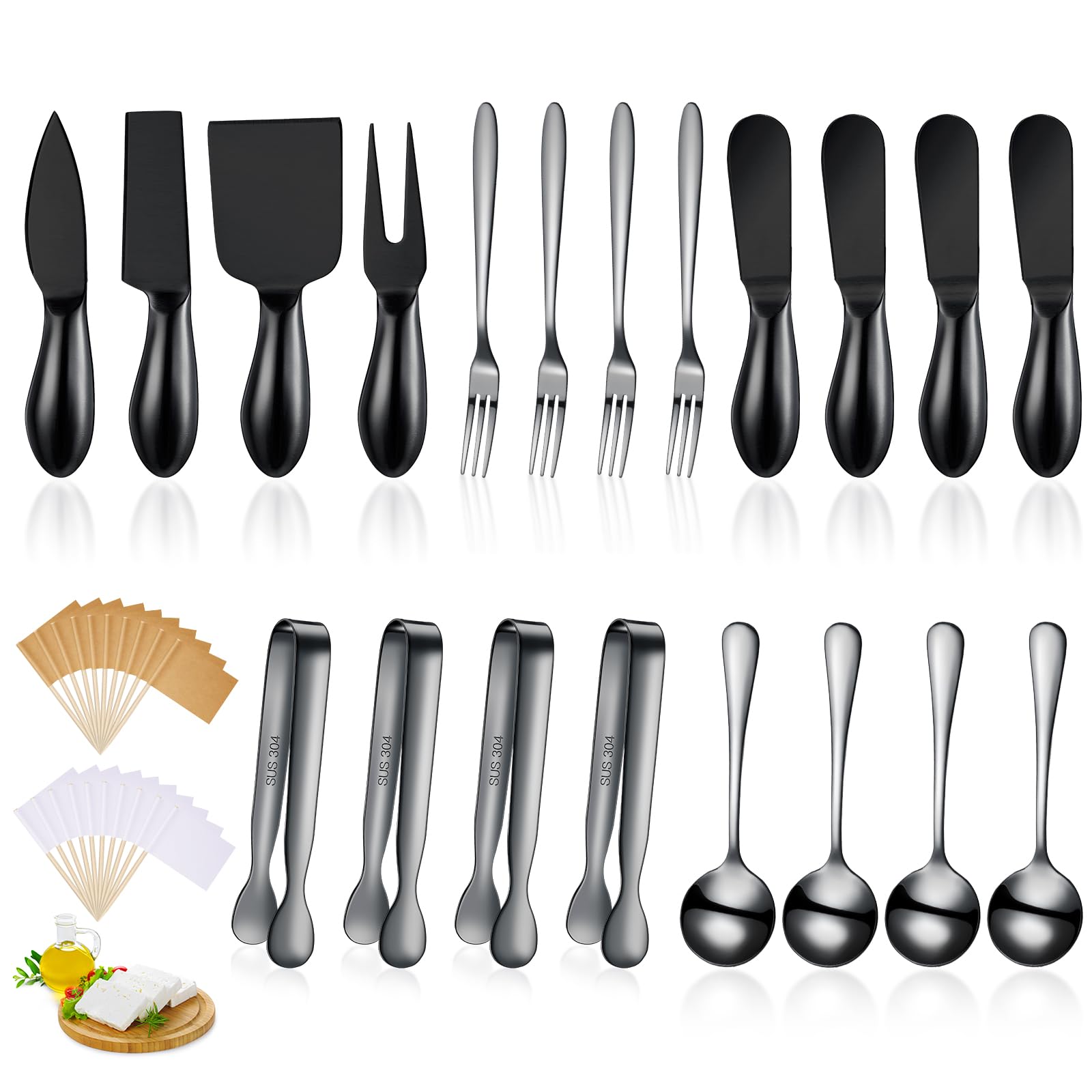Premium Stainless Steel Charcuterie Board Accessories Set - 20-Piece Cheese Knives, Spreader, Serving Tongs & Appetizer Forks for Cheese Platter, Charcuterie, Charcuterie Board, Party, Wedding & Christmas Gift (Black)