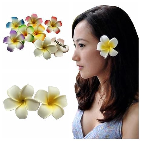 2 Pcs 7Cm White and Pink Hawaiian Frangipani Plumeria Hair Clips - Foam Flower Hair Barrettes for Women, Girls - Perfect for Beach Parties, Weddings, Summer Vacations & Tropical Themed Events