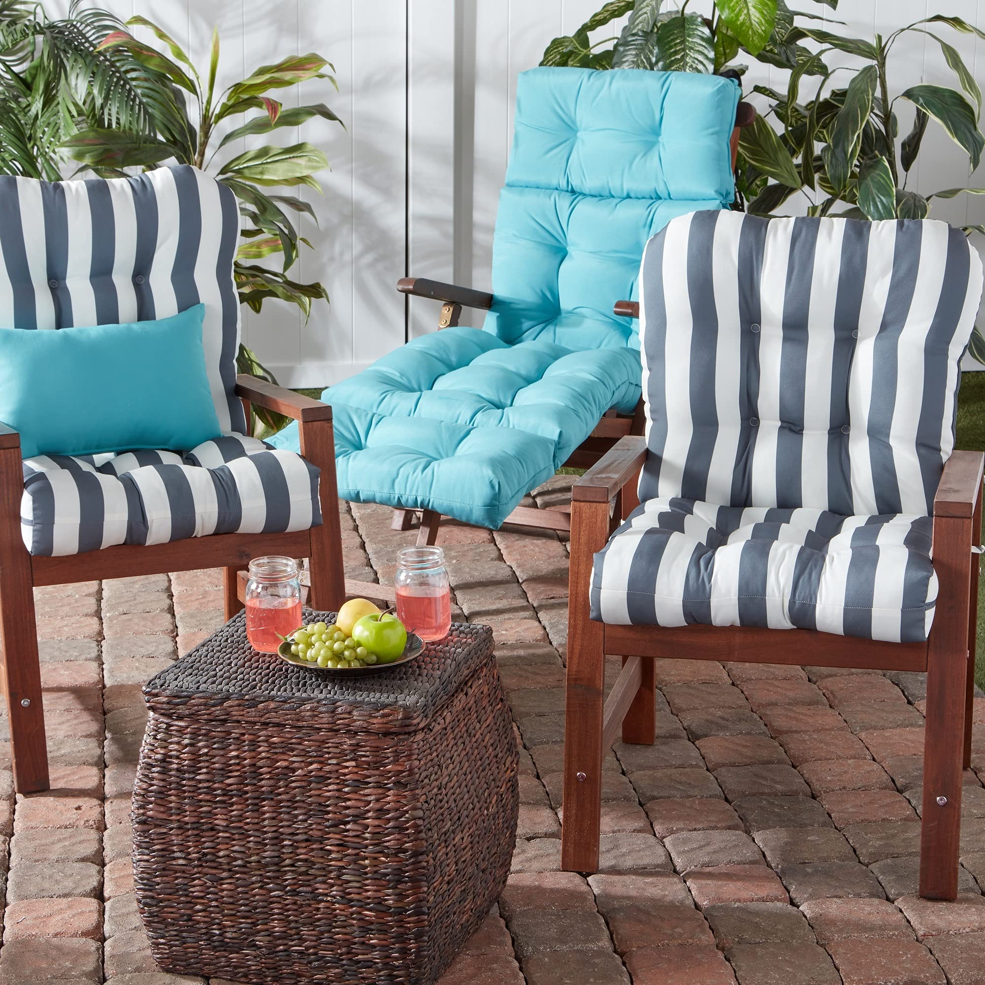 Greendale Home Fashions Outdoor Chair Cushion Set - 2 Pack Gray Striped Seat & Back Cushions for Patio, Deck, Poolside, and Garden Furniture - Water Resistant & UV Protected