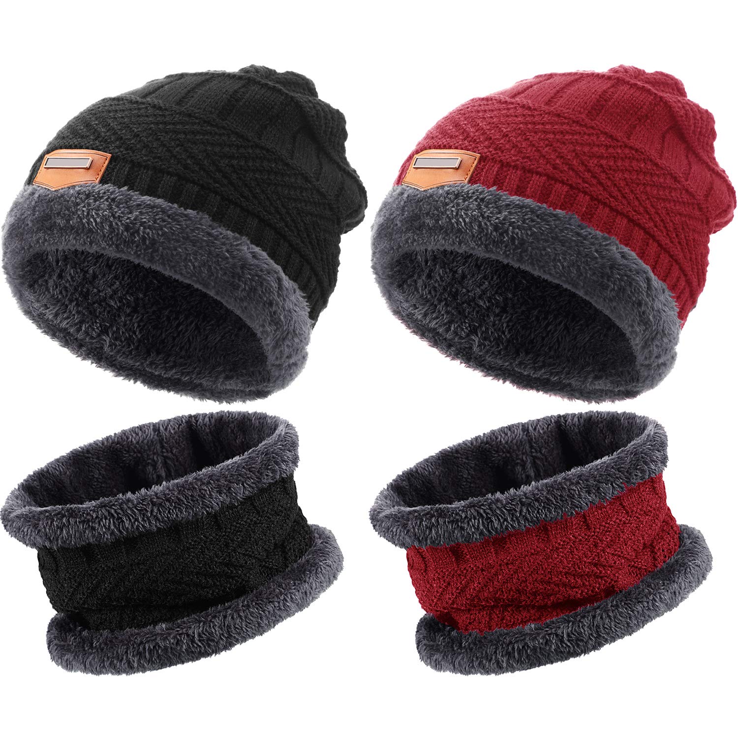 SATINIOR 4-Piece Winter Beanie Hat & Scarf Set - Fleece Lined Skull Cap & Neck Warmer for Men & Women - Cold Weather Accessories for Skiing, Snowboarding & Outdoor Activities