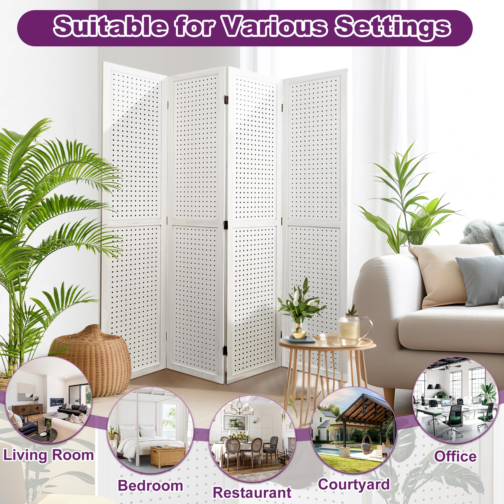 5.6FT Folding Room Divider Panel - 4 Panel Pegboard Wood Partition Wall for Home Office, Craft Shows & Room Separation - White - Perfect for Home Decor, Trade Shows & Space Organization